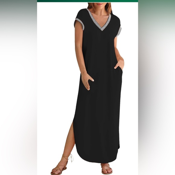 NWOT Maxi Cap Sleeve Dress V Neck Split Loose Side Pockets Casual Beach, Large - Picture 4 of 14